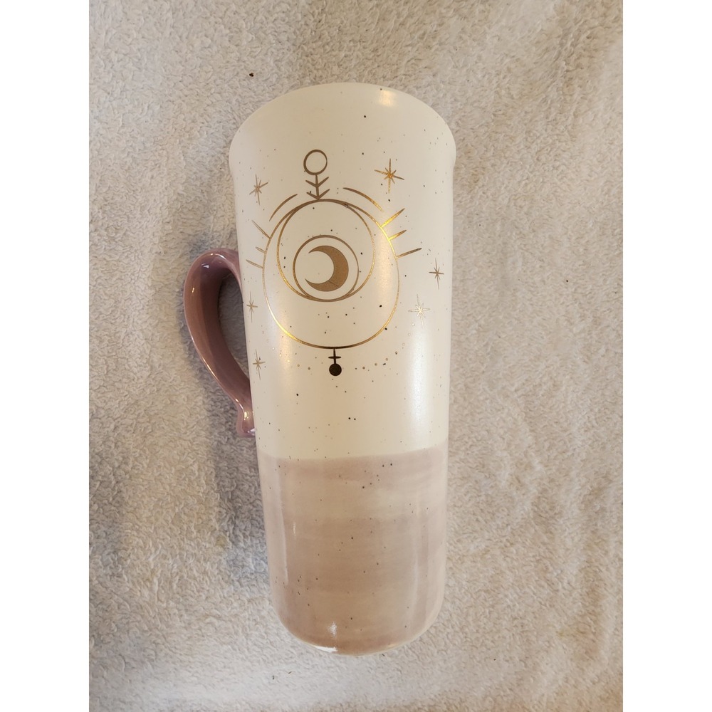 Celestial Moon Gold Foil Speckled Tall Ceramic Latte Mug Cream Lavender 7"